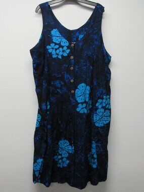 Young Fashion Blue Batik Hawaiian Tropical Floral Knee Length Dress Women's XL